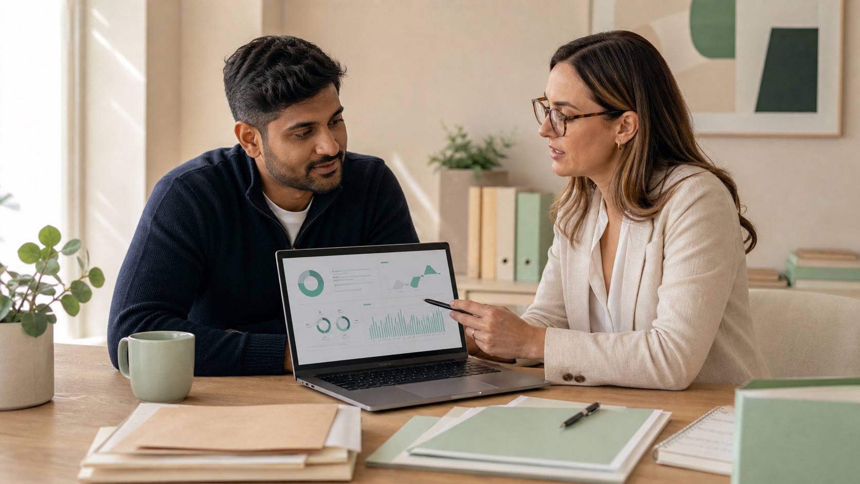Founder and tax specialist reviewing a compliance dashboard in a warm workspace